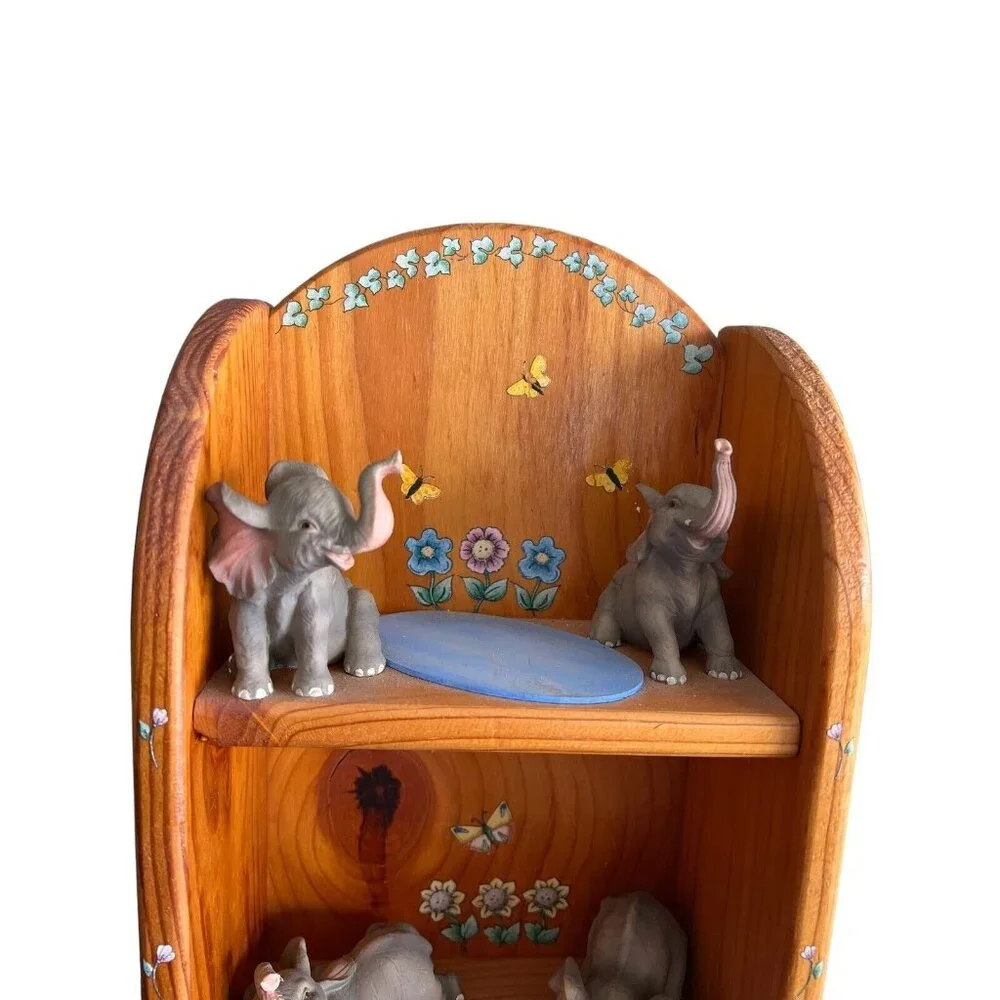 Vintage Elephant Handmade Painted Flowers Wood Shelf Three Tiers 18.5” Tall Fig